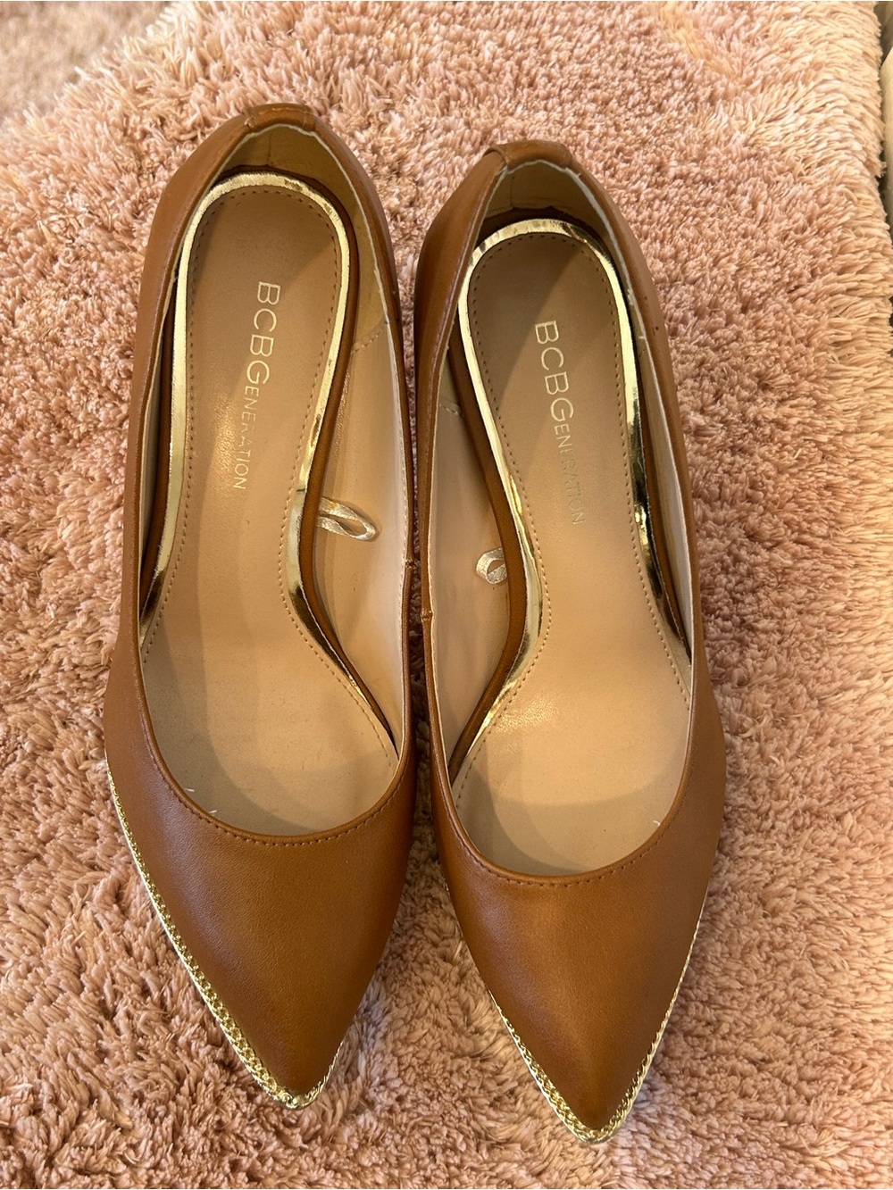 BCBGeneration Pointed Toe Stiletto Heels in Cognac, Gold color Trim